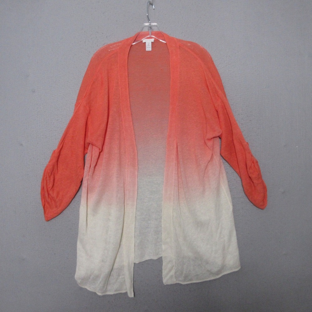Chicos Cardigan 2 Orange Ombre Linen Long Line Coastal‎ Beachy Boho Airy Breezy